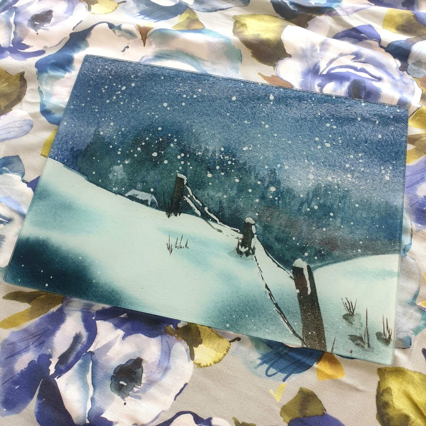 Snowshill Cotswold Landscape Glass Worktop Protector! - Watercolour Printed Glass Chopping Board 39cm x 28.5cm Squared!