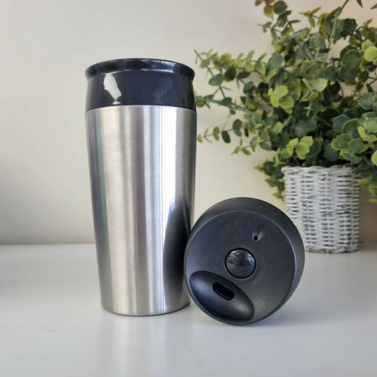 Stainless Steel Travel Mug: Push The Button!